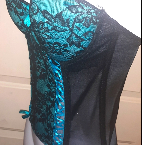 ☆Brand NEW☆Sexy Lace Push-Up Teal Blue & Black Bustier/G-String/Corset Set-Small - Picture 15 of 16